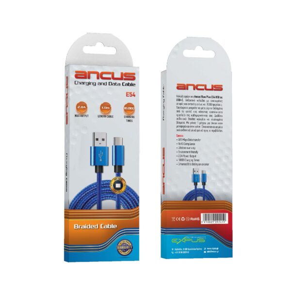 Καλώδιο Σύνδεσης και Φόρτισης Ancus Flow Plus E54 USB σε USB-C 2.0A  και Braided Καλώδιο Μπλέ 1m Με 5 Χρονια Εγγύηση
