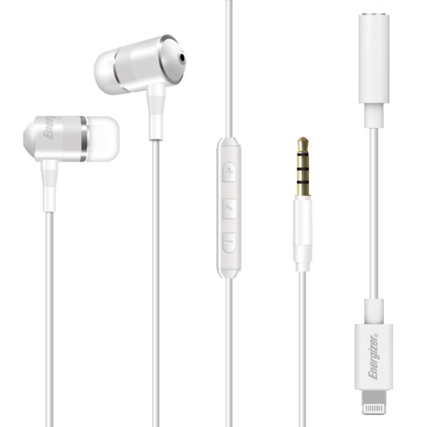 Hands Free Energizer UIL35WH2 Metal Stereo 3.5 mm  με Αντάπτορα Lightning Apple Certified MFi σε 3.5 mm και Πλήκτρα Λειτουργίας 1.2m Λευκό