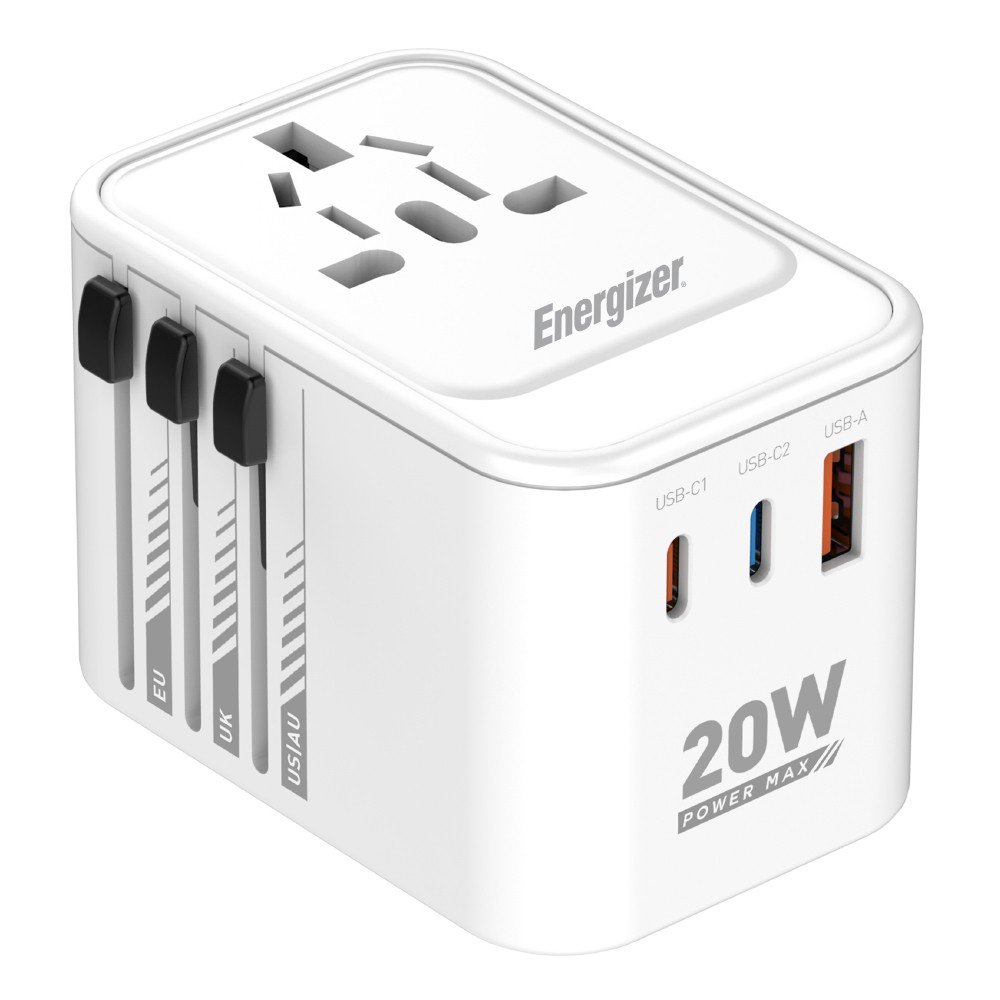 49857 Παγκόσμιος Φορτιστής Ταξιδίου Energizer ETC200 US/AU UK EU με 1xUSB-A 18W και 2xUSB-C 20W/12W Λευκός - Image 1