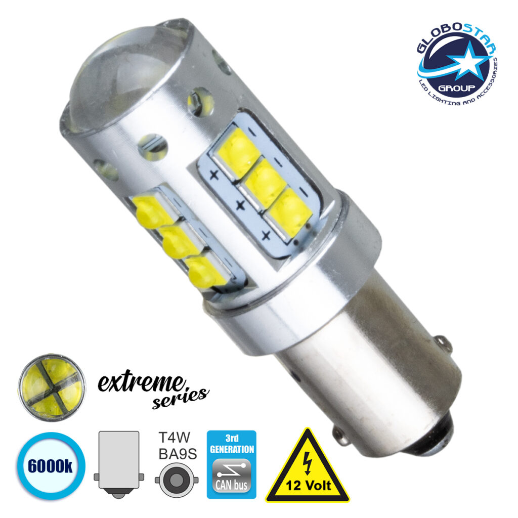 81295_1 GLOBOSTAR® BA9S-T4W 81295 Λάμπα Ba9S T4W CANbus LED 3.5W 760lm 360° DC 12V IP20 Ψυχρό Λευκό 6000K - 16 x CREE XBD Chip - Μ1.1 x Π1.1 x Υ4cm - 1 Χρόνο Εγγύηση - Image 1