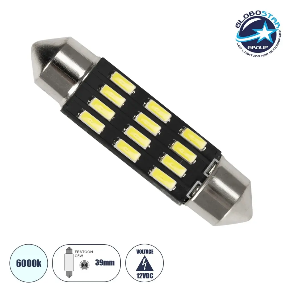 81303_01 GloboStar® C5W 81303 Λάμπα Αυτοκίνητου 39mm FESTOON - LED 12 SMD 5630 1.05W 114lm 120° DC 12V IP20 Ψυχρό Λευκό 6000K - Image 1