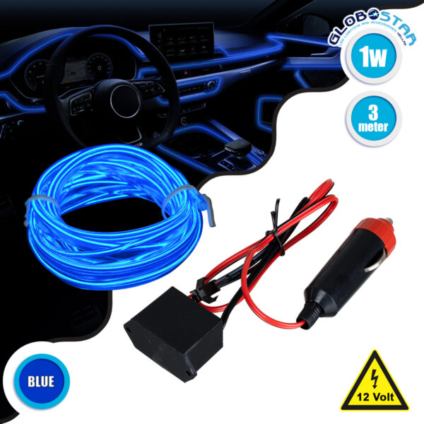 GloboStar® 82205 TUBE 360° Degree Διακοσμητική EL-Wire Neon Αυτοκινήτου Κορδόνι Σετ 3m 1W/3m 30lm/m 360° DC 12V με Βύσμα Αναπτήρα Αυτοκινήτου Αδιάβροχη IP68 Μπλε