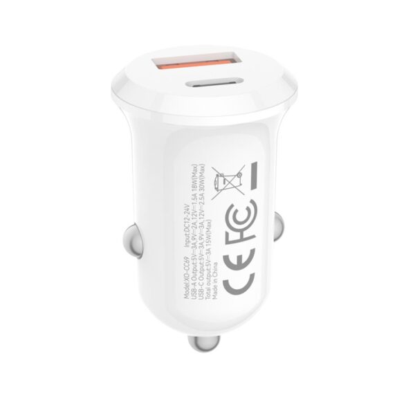 XO CC69 MINI SMART ΦΟΡΤΙΣΤΗΣ ΑΥΤΟΚΙΝΗΤΟΥ, 30W, 1 ΘΥΡΑ PD, 1 ΘΥΡΑ USB, ΛΕΥΚΟΣ