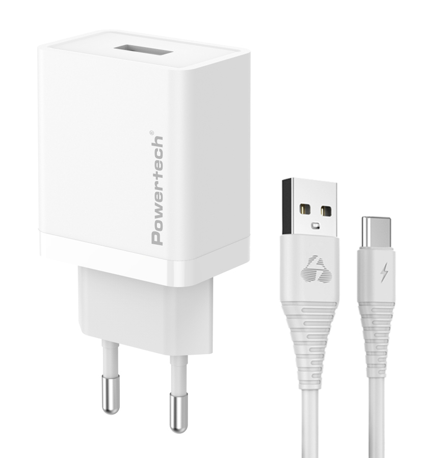 PT-1322 POWERTECH φορτιστής τοίχου PT-1322 με καλώδιο USB-C, USB, 12W, λευκός - Image 1