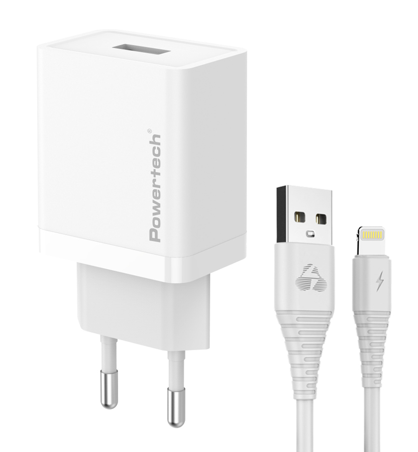 PT-1323 POWERTECH φορτιστής τοίχου PT-1323 με καλώδιο Lightning, USB, 12W, λευκός - Image 1