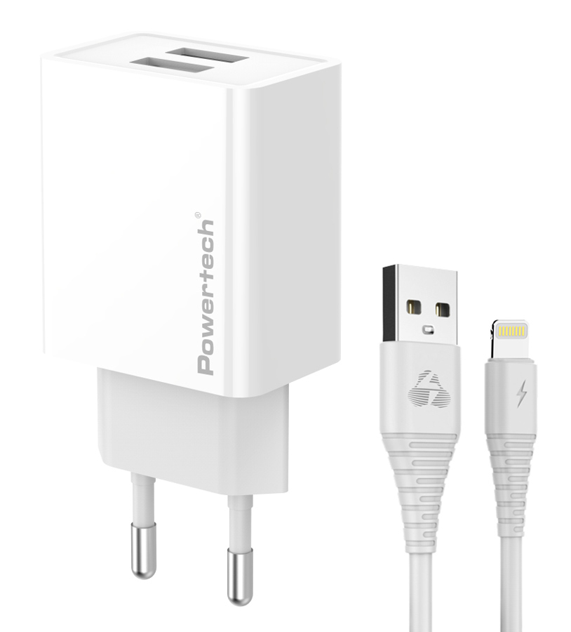 PT-1325 POWERTECH φορτιστής τοίχου PT-1325 με καλώδιο Lightning, 2x USB, 12W, λευκός - Image 1