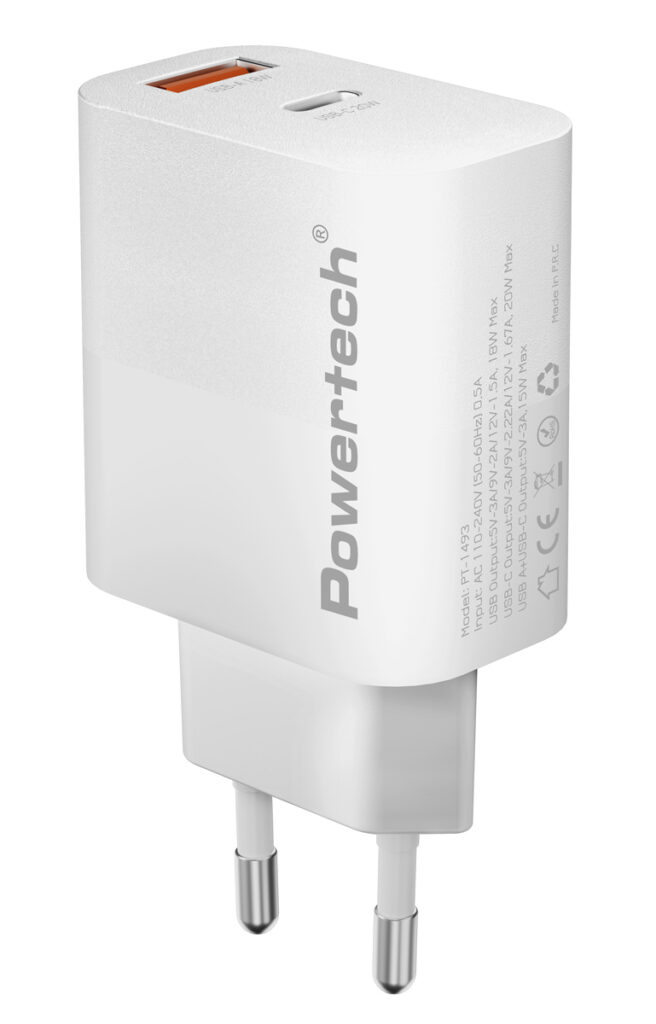 PT-1493 POWERTECH φορτιστής τοίχου PT-1493, USB/USB-C, 20W, λευκός - Image 1