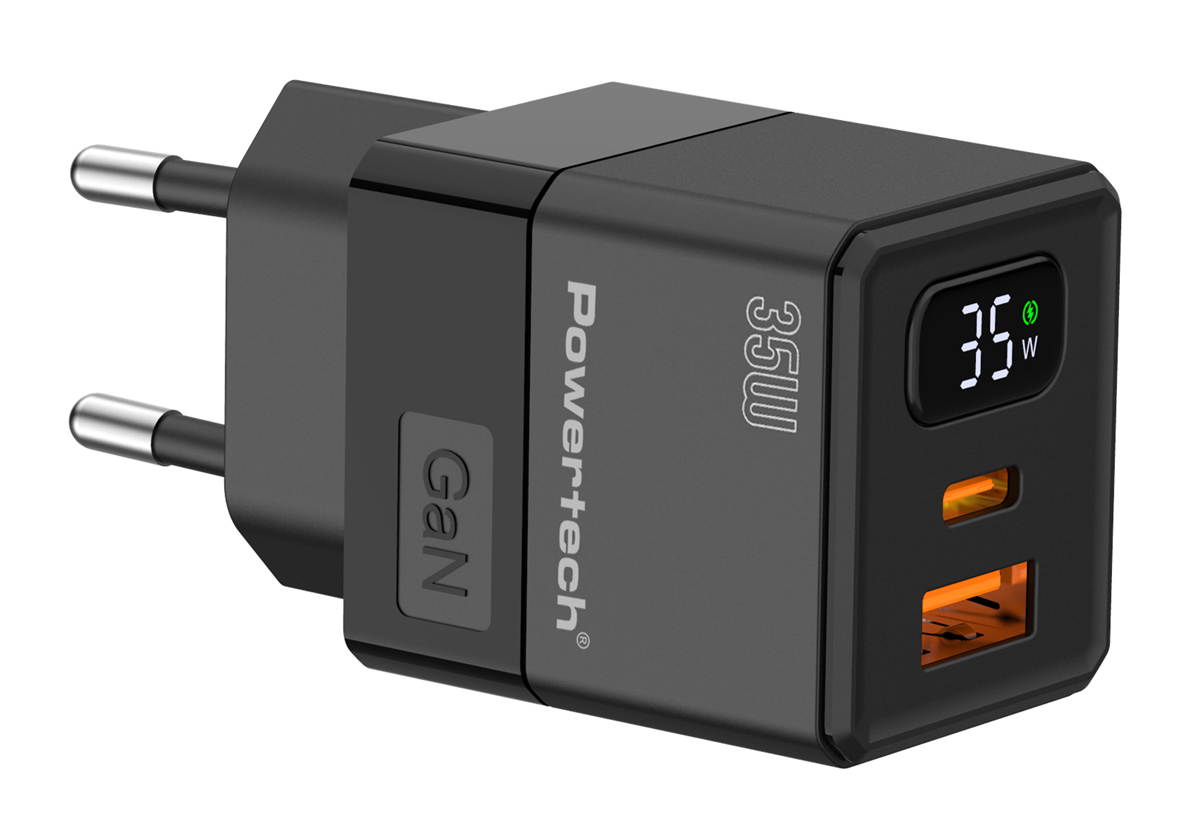 PT-1499 POWERTECH φορτιστής τοίχου PT-1499 με οθόνη, USB/USB-C, 35W, GaN, μαύρος - Image 1