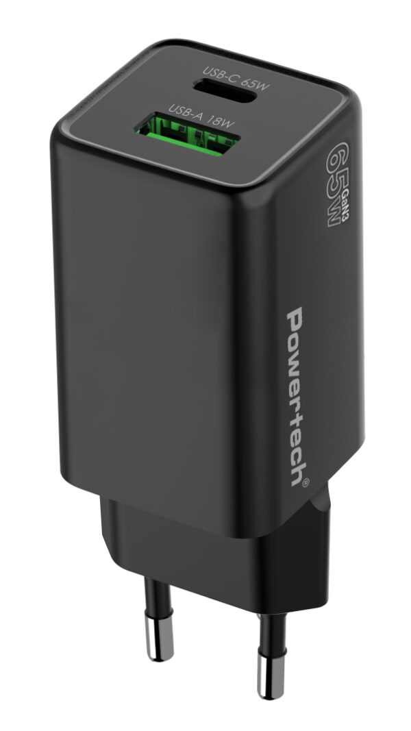 POWERTECH φορτιστής τοίχου PT-1501, USB/USB-C, 65W, GaN, μαύρος