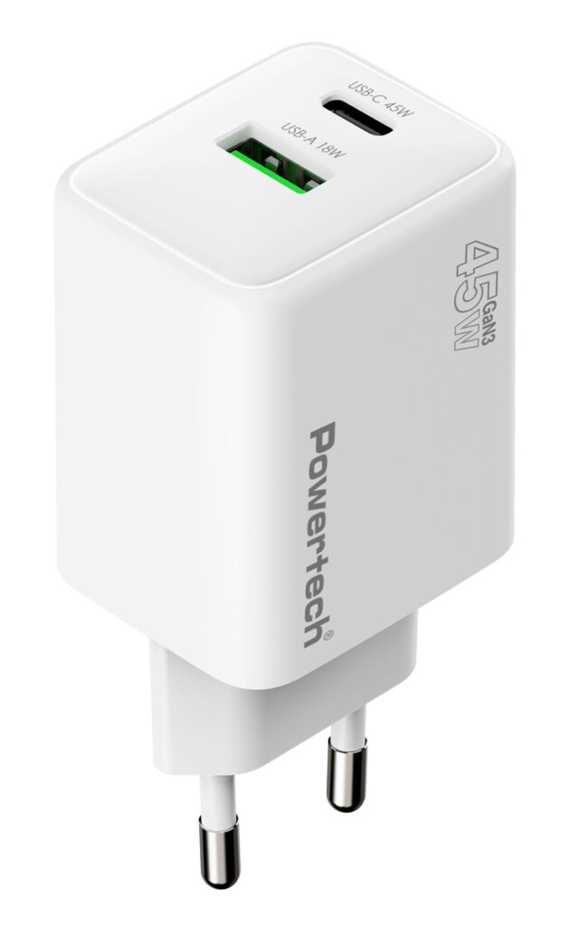 PT-1551-4 POWERTECH φορτιστής τοίχου PT-1551, USB/USB-C, 45W, GaN, AVS, λευκός - Image 1