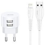 USAMS φορτιστής τοίχου T20 & καλώδιο Lightning, 2x USB, 2.1A, λευκός
