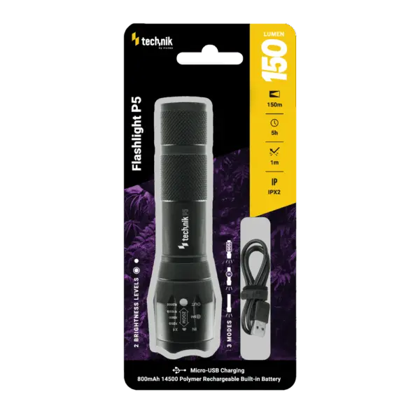 Technik Φακός P5 (+1x14500 800mAh) XPE LED με Καλώδιο Micro USB 150lm