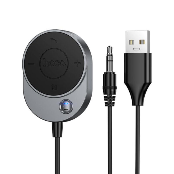 Bluetooth Audio Transmitter Hoco E150 Path v5.4 με AUX Τροφοδοσία USB-A Μικρόφωνο και Κουμπιά Ελέγχου Κλήσεων Γκρι