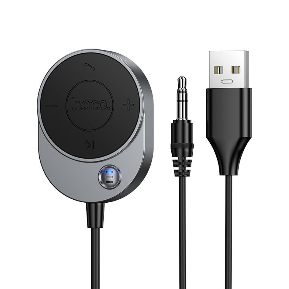 52288 Bluetooth Audio Transmitter Hoco E150 Path v5.4 με AUX Τροφοδοσία USB-A Μικρόφωνο και Κουμπιά Ελέγχου Κλήσεων Γκρι - Image 1