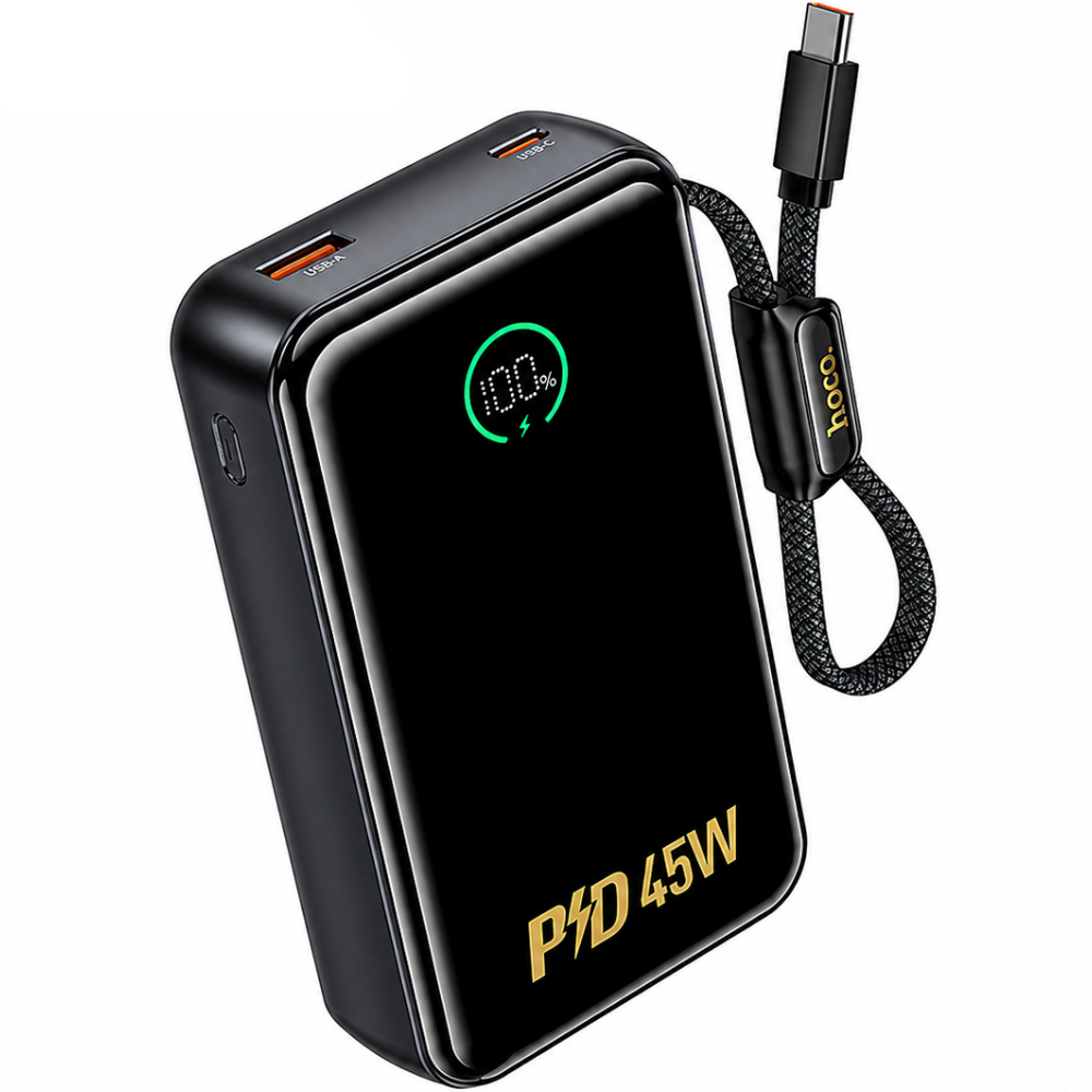 52341 Power Bank Hoco Q54 Shine 20000mAh PD45W QC3.0 1xUSB-C 1xUSB-A με Ενσωματωμένο Καλώδιο USB-C και LED Ένδειξη Μαύρο - Image 1