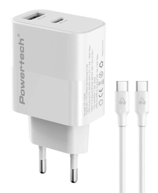 POWERTECH φορτιστής τοίχου PT-1636 με καλώδιο, USB/USB-C, 30W, GaN, λευκός