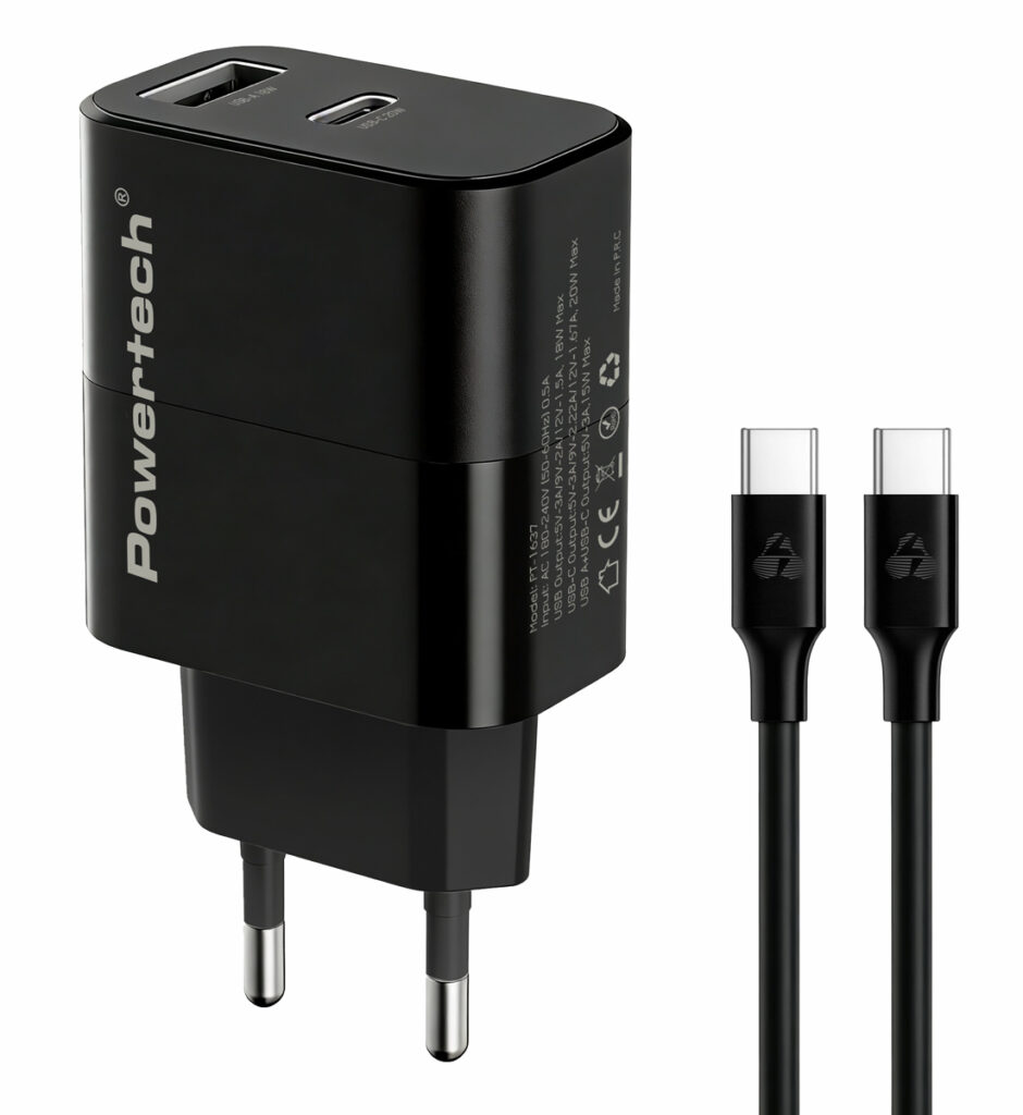 PT-1637 POWERTECH φορτιστής τοίχου PT-1637 με καλώδιο, USB/USB-C, 20W, μαύρος - Image 1