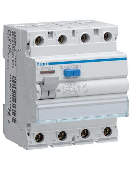Ρελέ Διαρροής Hager 4P 40A 30mA CDC742H Ρελέ διαρροής Hager 4P 40A 30mA τύπου AC