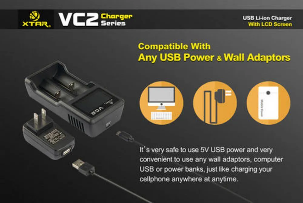 Φορτιστής Μπαταριών Βιομηχανικού Τύπου Xtar VC2 USB, 2 Θέσεων με Ένδειξη Επιπέδου Φόρτισης για 18650/17670/17500