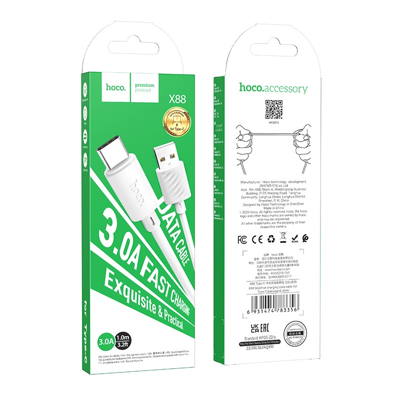 Καλώδιο Hoco X88 USB σε USB-C 3.0A Fast Charging Λευκό 1m