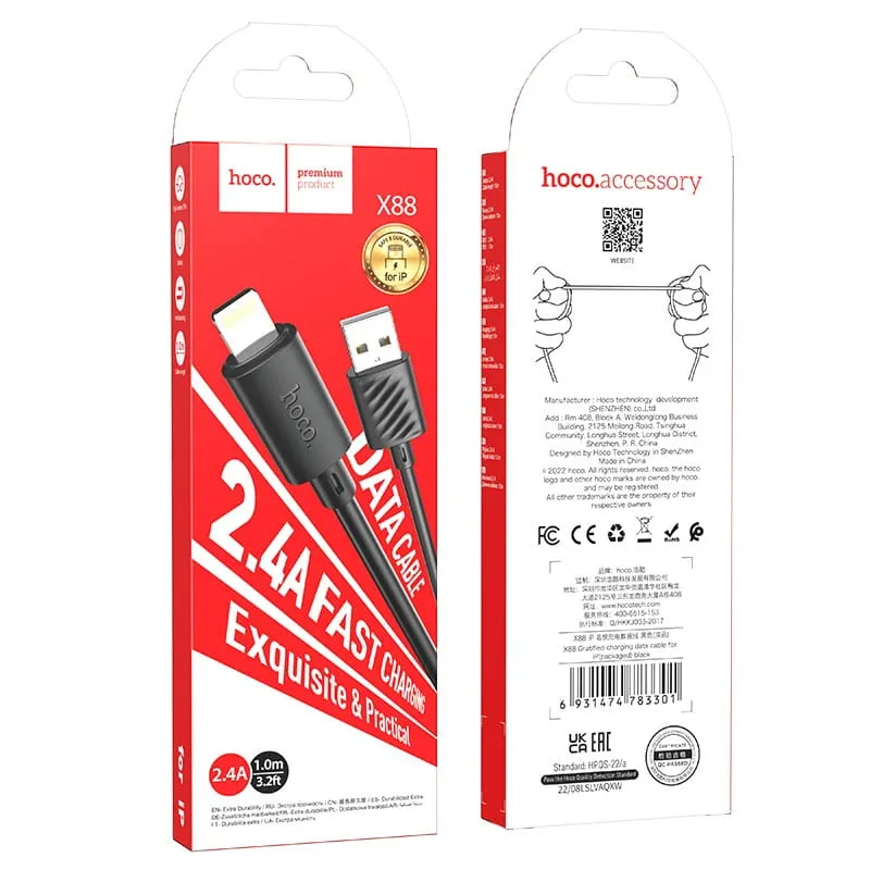 Καλώδιο Hoco X88 USB σε Lightning 2.4A Fast Charging Μαύρο 1m
