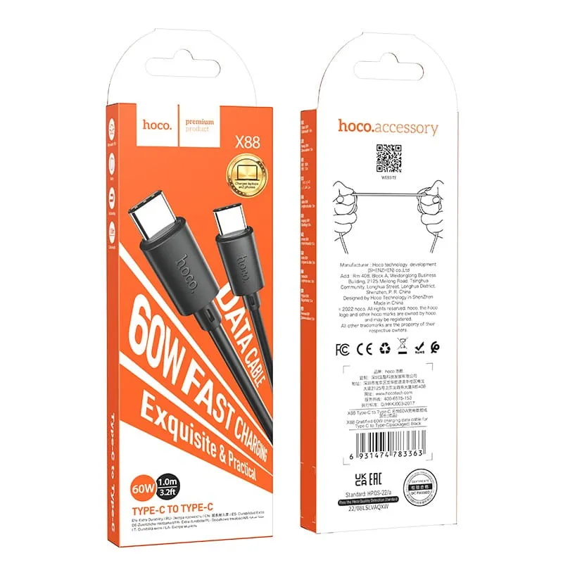 Καλώδιο Hoco X88 USB-C σε USB-C 60W Fast Charging Μαύρο 1m