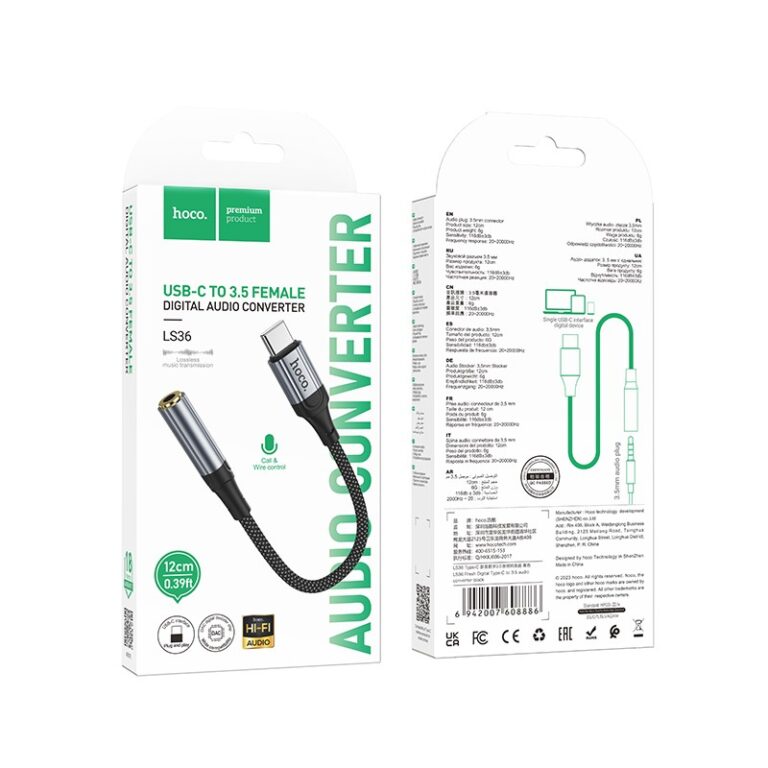 Αντάπτορας Hoco LS36 Fresh USB-C to 3.5mm Hi-Fi Braided 12cm Μαύρο Συμβατός με όλες τις Συσκευές