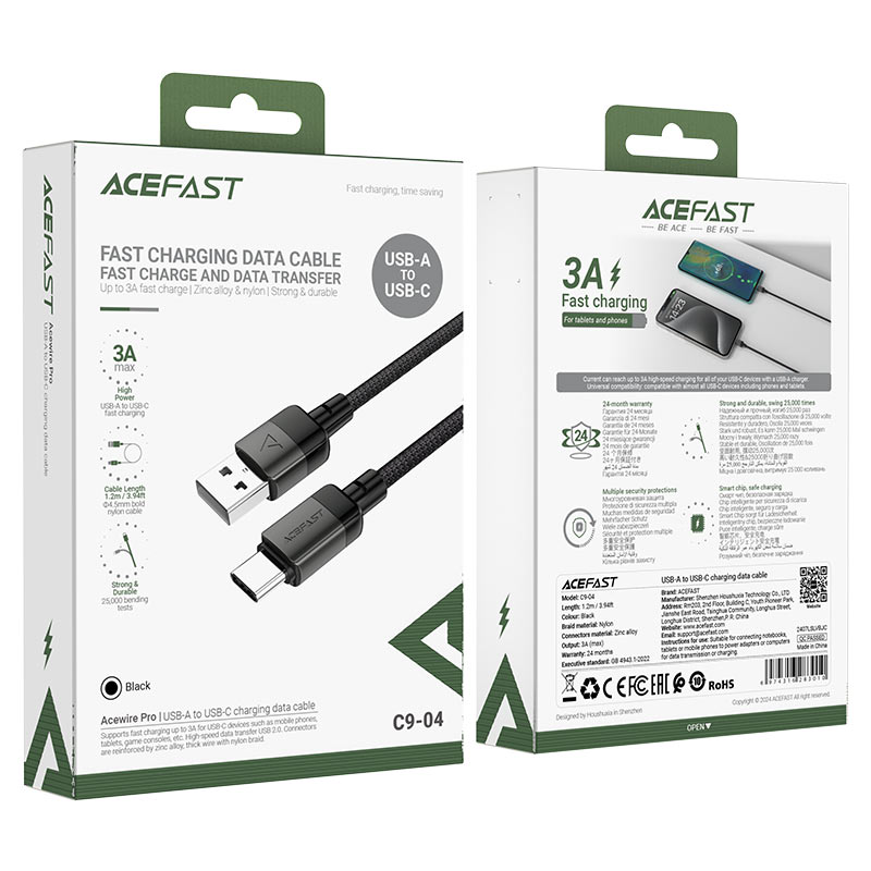 Καλώδιο Acefast C9-04 Μεταλλικό USB σε USB-C 3.0A Γρήγορη Φόρτιση Braided Μαύρο 1.2m