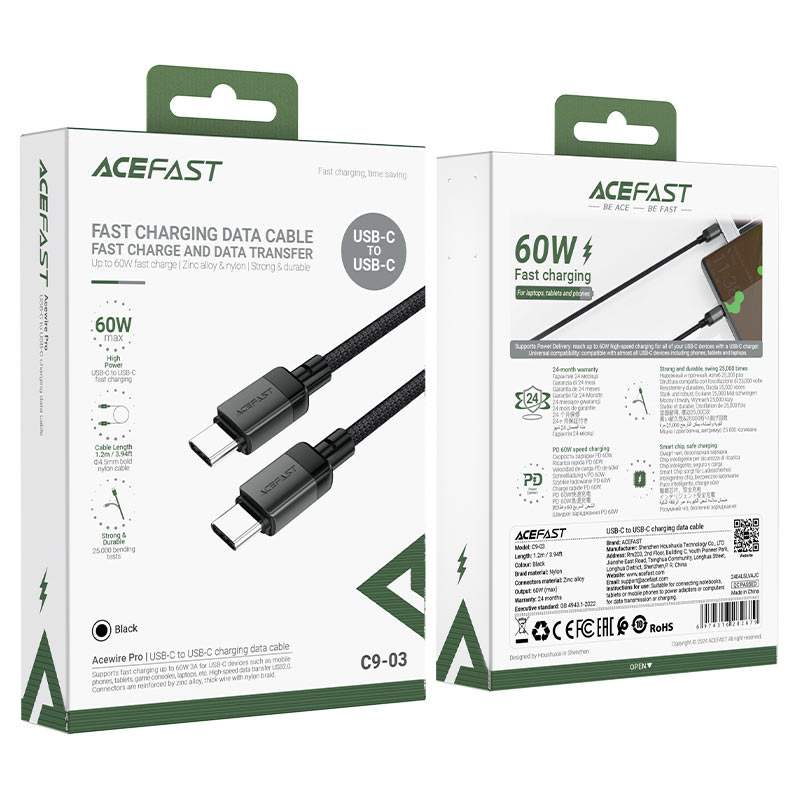 Καλώδιο Acefast C9-03 Μεταλλικό USB-C σε USB-C 60W 20V/3A Braided Μαύρο 1.2m.
