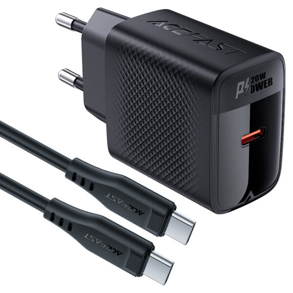 Φορτιστής Ταξιδίου Acefast A82 GaN USB-C PD20W Μαύρος + Καλώδιο Φόρτισης Type C σε Type C 1.2m