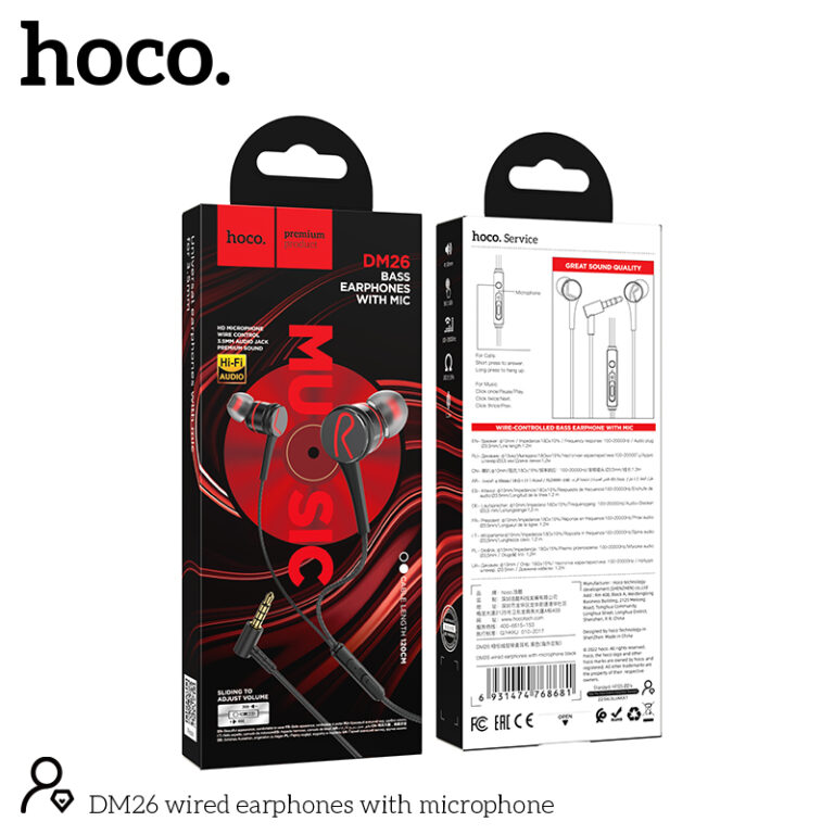 Hands Free Hoco. DM26 Earphones Stereo 3.5mm Ανάγλυφο Καλώδιο με Elbow Design 1.2m Μαύρα