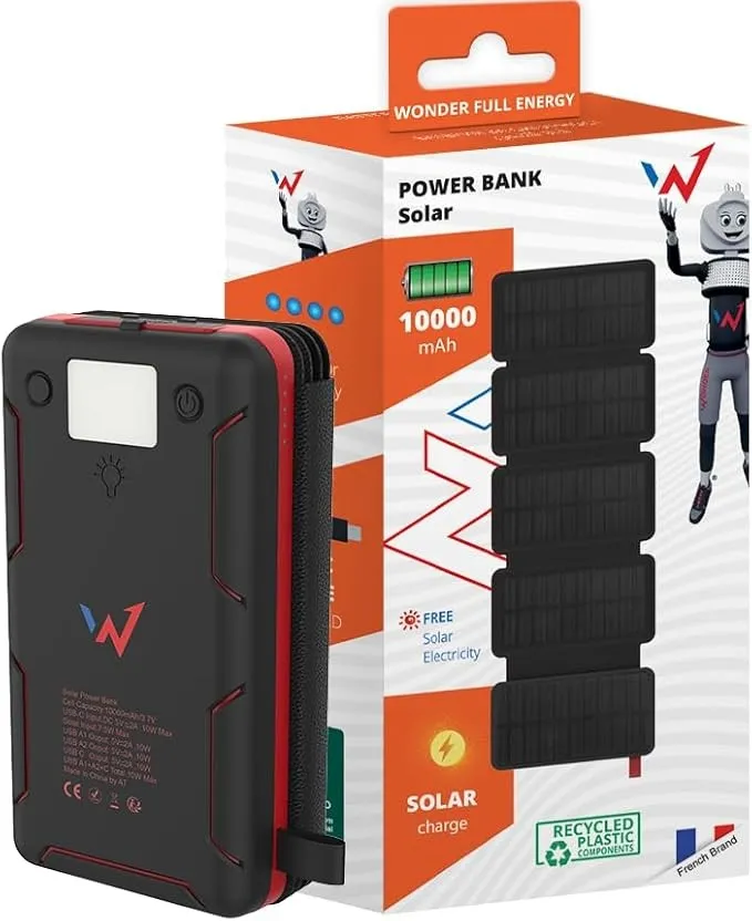 Ηλιακό Power Bank Wonder 10000mAh με 5 Ηλιακά Πάνελ, 2 x USB-A και 1 x USB-C Έξοδο και Φακό Μαύρο