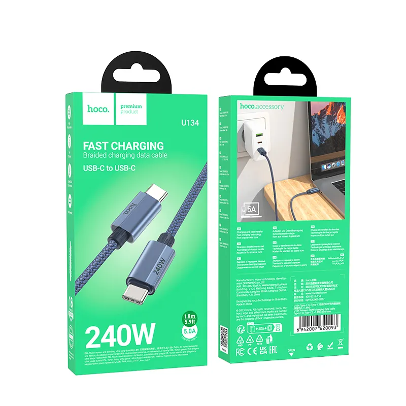 Καλώδιο Hoco U134 Primero USB-C σε USB-C 5.0A 240W Braided Μπλε 1.8m