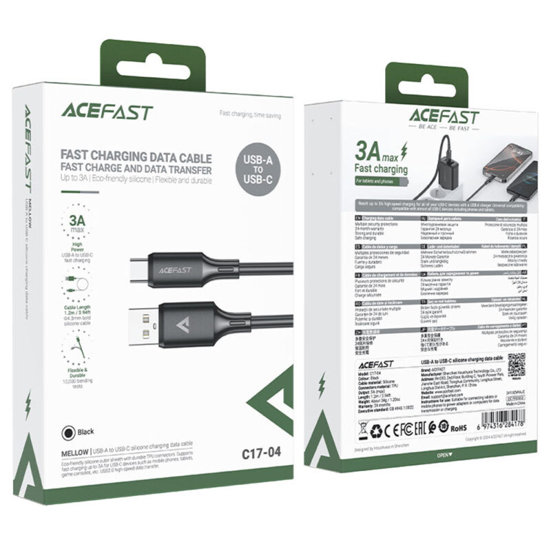Καλώδιο Σύνδεσης Acefast C17-04 USB-A σε USB-C 3A Fast Charge USB2.0 Silicon Μαύρο 1.2m.