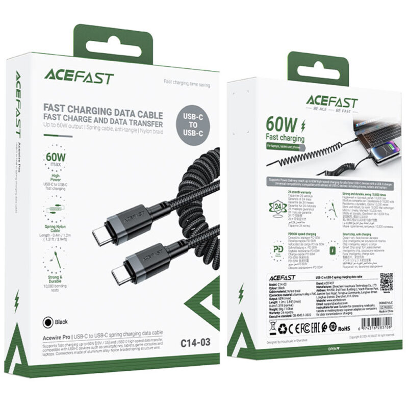 Καλώδιο Σύνδεσης Acefast C14-03 USB-C σε USB-C PD60W 3A Fast Charge USB2.0 Spring Braided Μαύρο 1.2m.