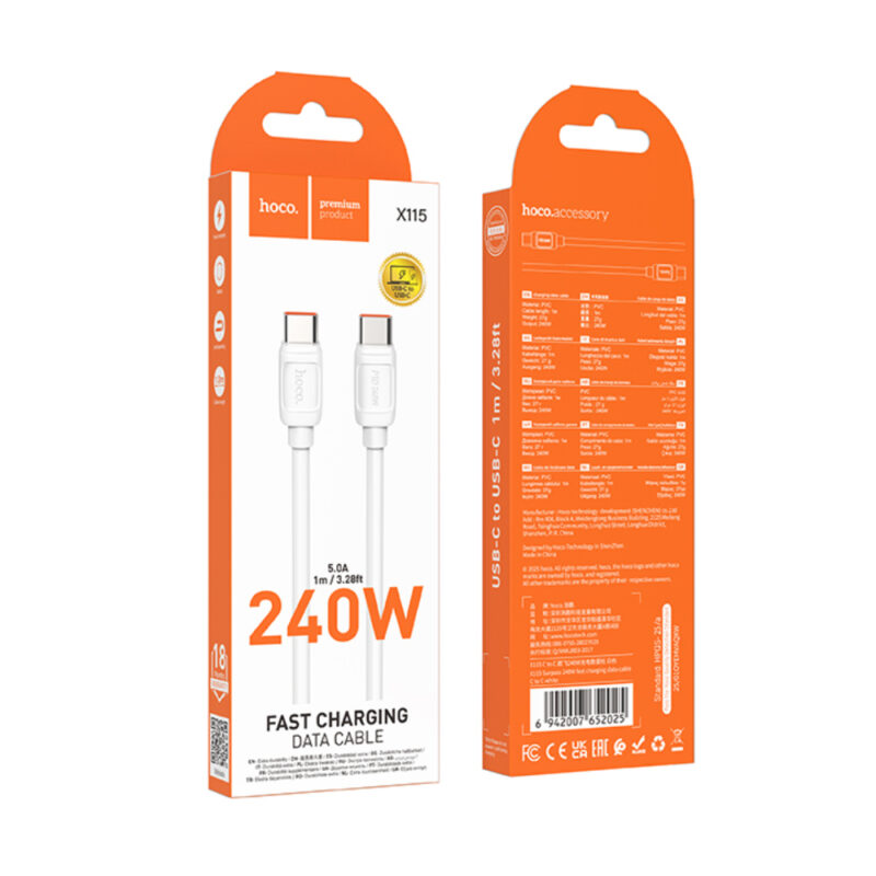 Καλώδιο Hoco X115 Surpass USB-C σε USB-C PD240W 5A Fast Charging Λευκό 1m