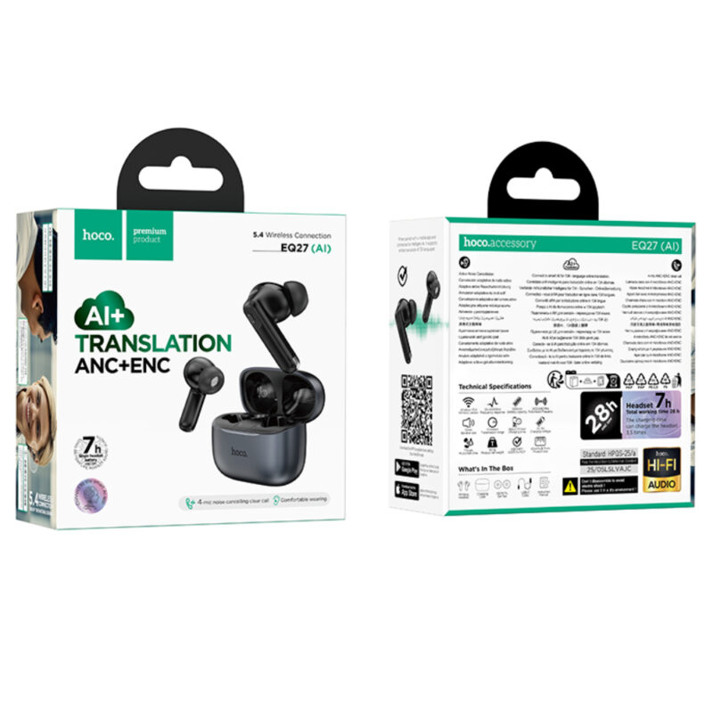Wireless Hands Free Hoco EQ27 Fun ANC+ENC v5.4 320mAh 7 Ώρες Λειτουργίας και AI Μετάφραση σε 134 Γλώσσες Μαύρα