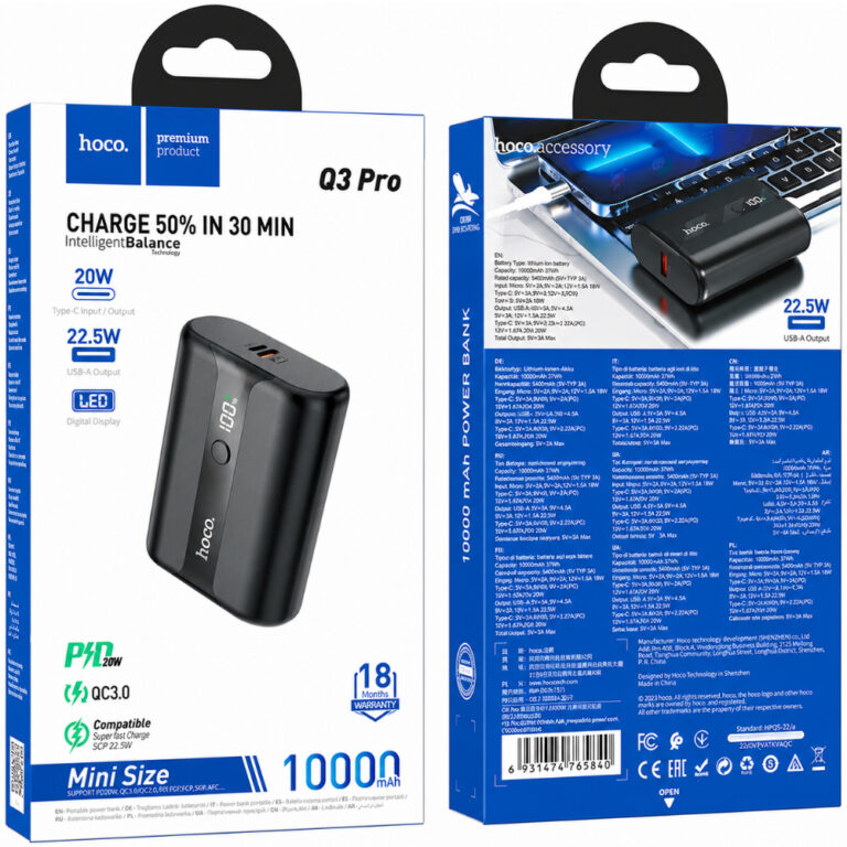 Power Bank Hoco Q3 Pro Mini 10000mAh 22.5W PD20W Super Fast Charge 1xUSB-C 1xUSB-A 1xMicroUSB και LED Ένδειξη Μαύρο
