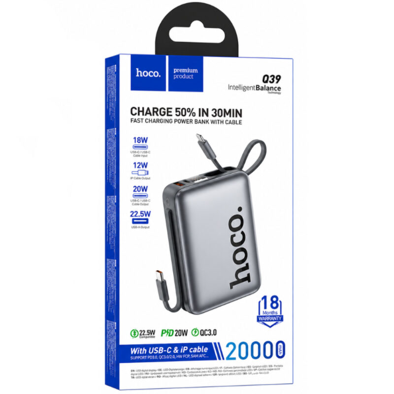 Power Bank Hoco Q39 20000mAh 22.5W PD20W QC3.0 1xUSB-A 1xUSB-C με Ενσωματωμένα Καλώδια USB-C Lighting και LED Ένδειξη Γκρι