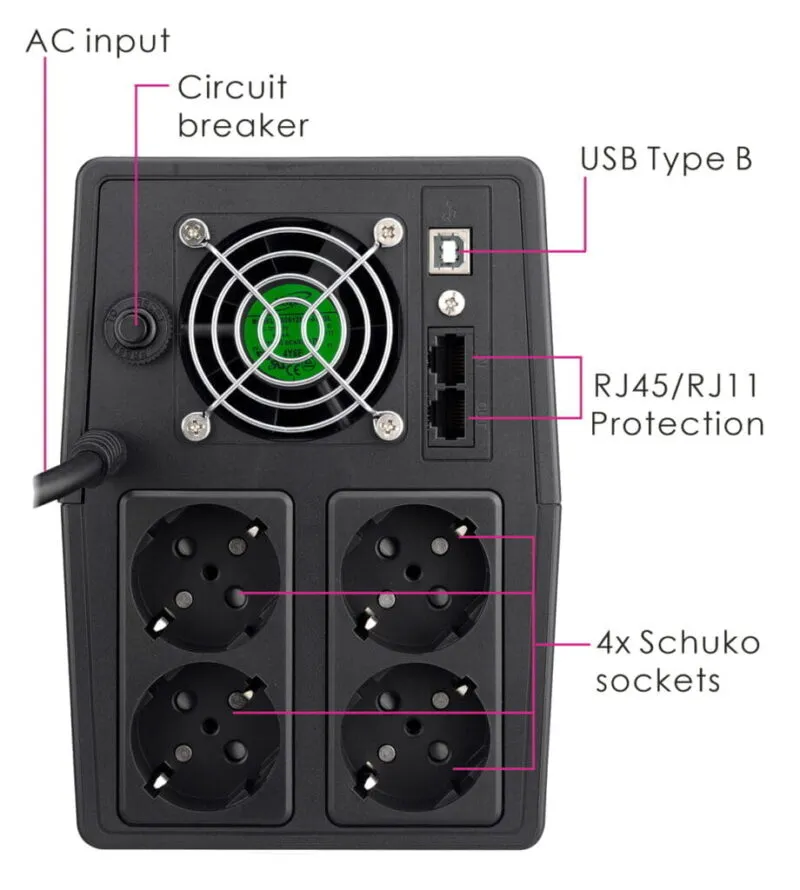 UPS Line Interactive 1800VA, 1080W, LCD, 4x Schuko, 2x RJ45/RJ11, USB Type B Powertech