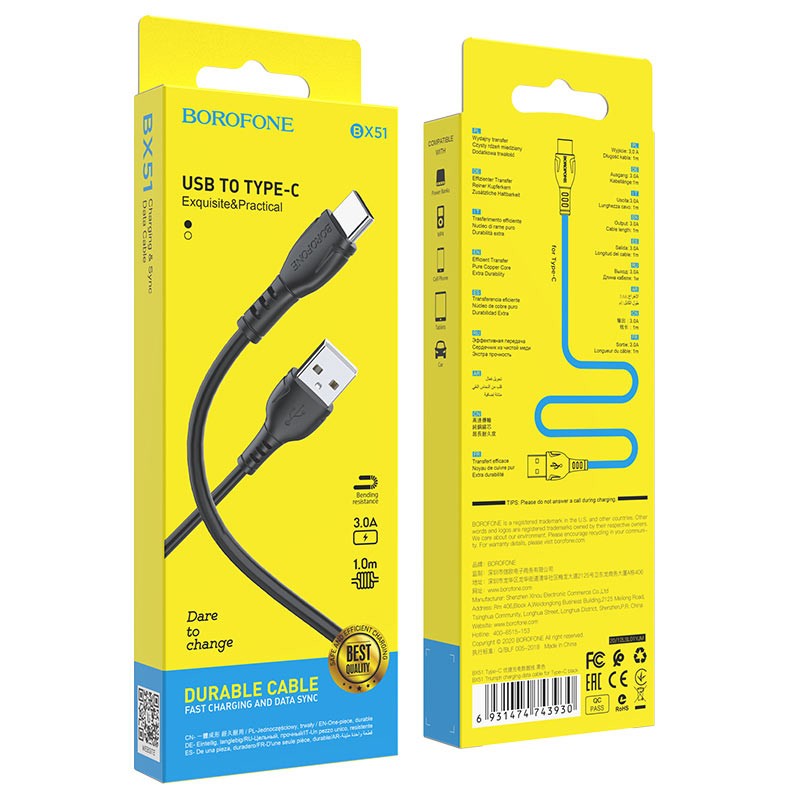 Καλώδιο Borofone BX51 Triumph USB σε USB-C 3A Μαύρο 1m