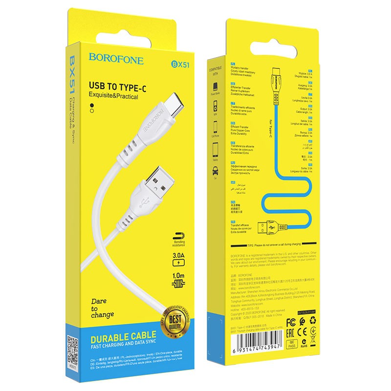 Καλώδιο Borofone BX51 Triumph USB σε USB-C 3A Λεύκο 1m