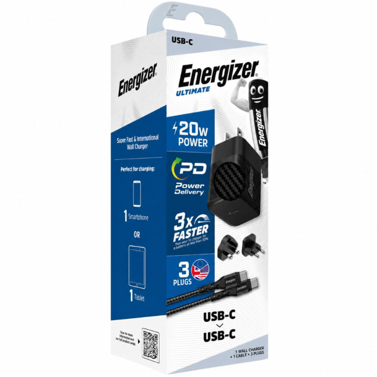 Φορτιστής Ταξιδίου Energizer Fast Charge με USB-C 20W και Καλώδιο USB-C/USB-C Μαύρο
