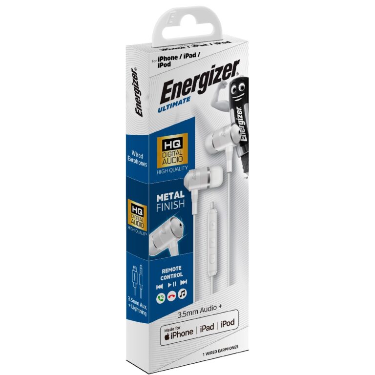Hands Free Energizer UIL35WH Metal Stereo 3.5mm με Αντάπτορα Lightning Apple Certified MFi σε 3.5mm και Πλήκτρα Λειτουργίας 1.2m Λευκό