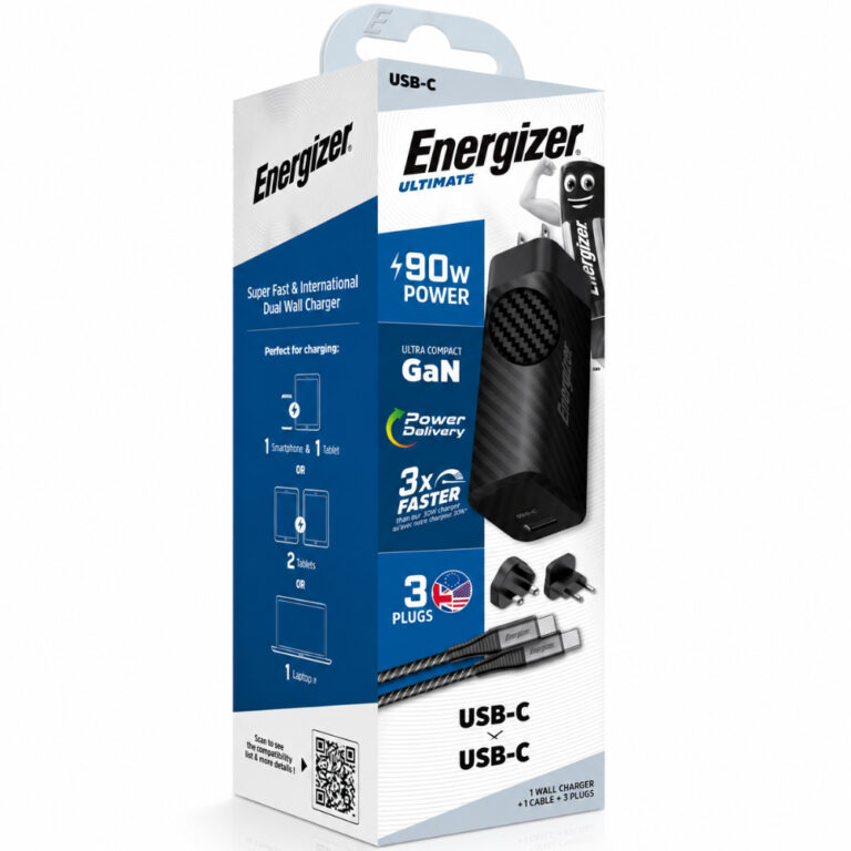 Φορτιστής Ταξιδίου Energizer A90MUC με έξοδο USB-C/USB-A 90W Καλώδιο USB-C/USB-C Μαύρο