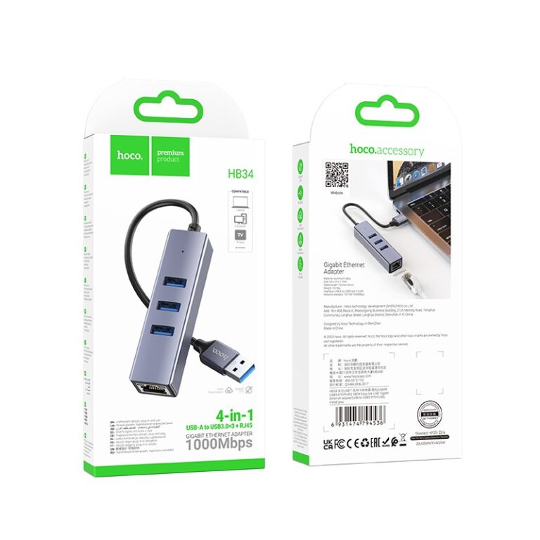 Αντάπτορας Hoco HB34 3 x USB σε USB 3.0 και RJ45 με Λειτουργία Μεταφοράς Δεδομένων 1000Mbps Γκρι