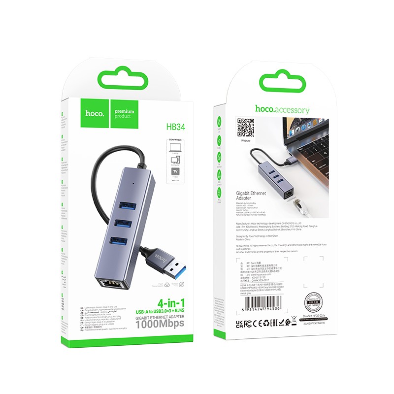 Αντάπτορας Hoco HB34 3 x USB σε USB 3.0 και RJ45 με Λειτουργία Μεταφοράς Δεδομένων 1000Mbps Γκρι