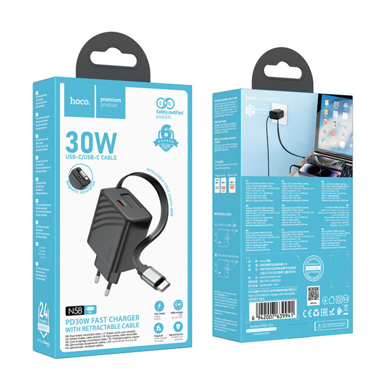 Φορτιστής Ταξιδίου Hoco N58 PD30W GaN με 1χUSB-C Θύρα και Αναδιπλούμενο Καλώδιο 65cm Μαύρος