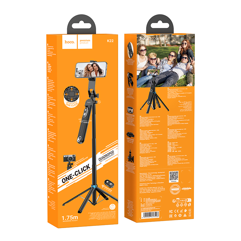 Βάση Στήριξης και Selfie Stick Hoco K22 Handy για Συσκευές 4.5"- 7" με Τηλεχειριστήριο V5.2 55mAh Μαύρη