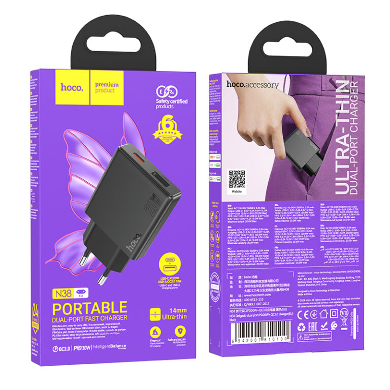 Φορτιστής Ταξιδίου Hoco N38 Delgado Ultra Thin με 2 Εξόδους Φόρτισης 1xUSB-C PD20W και USB-A QC3.0A Μαύρος
